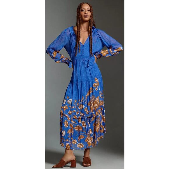By Anthropologie The Marais Printed Chiffon Maxi Dress Blue Cheetah Size Medium - Picture 1 of 9